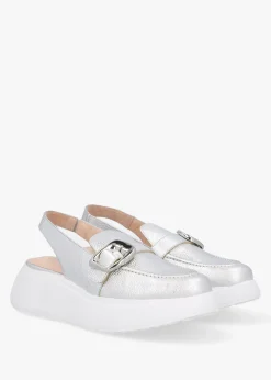 Acalia Silver Leather Chunky Low Wedge Sling Backs