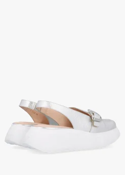 Acalia Silver Leather Chunky Low Wedge Sling Backs