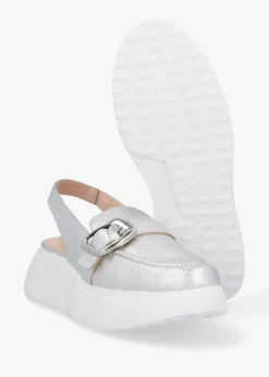 Acalia Silver Leather Chunky Low Wedge Sling Backs