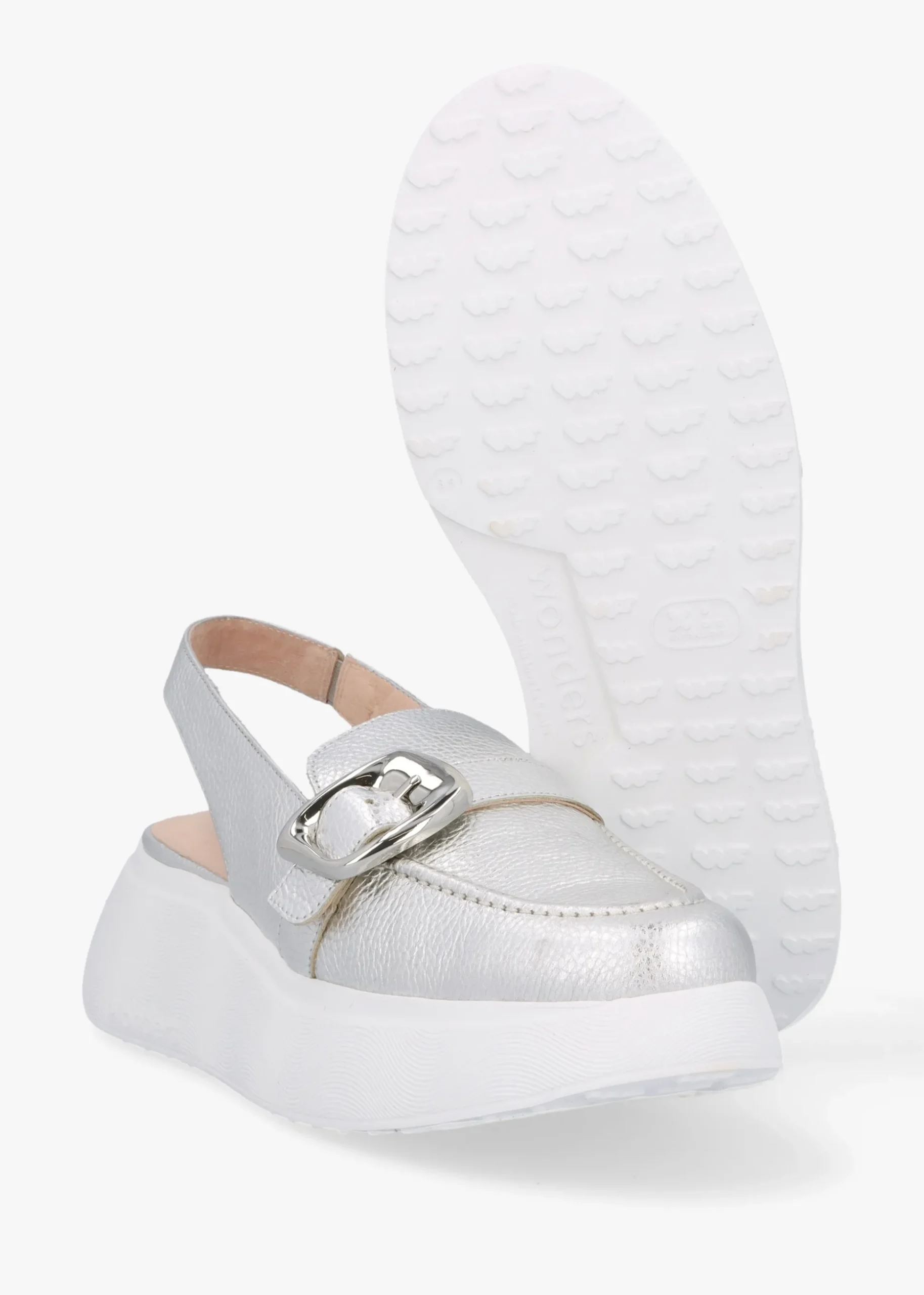 Acalia Silver Leather Chunky Low Wedge Sling Backs