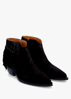 Ajax Black Suede Fringed Western Stacked Heel Ankle Boots