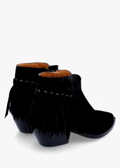 Ajax Black Suede Fringed Western Stacked Heel Ankle Boots