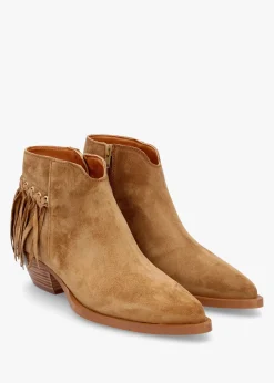 Ajax Tan Suede Fringed Western Stacked Heel Ankle Boots
