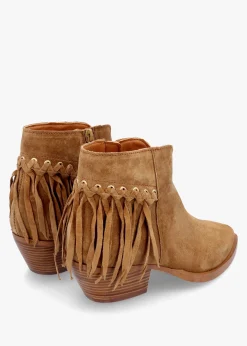 Ajax Tan Suede Fringed Western Stacked Heel Ankle Boots