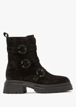 Akita Black Suede Jeweled Biker Boots