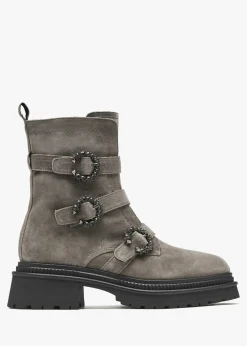 Akita Grey Suede Jeweled Biker Boots