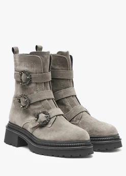 Akita Grey Suede Jeweled Biker Boots