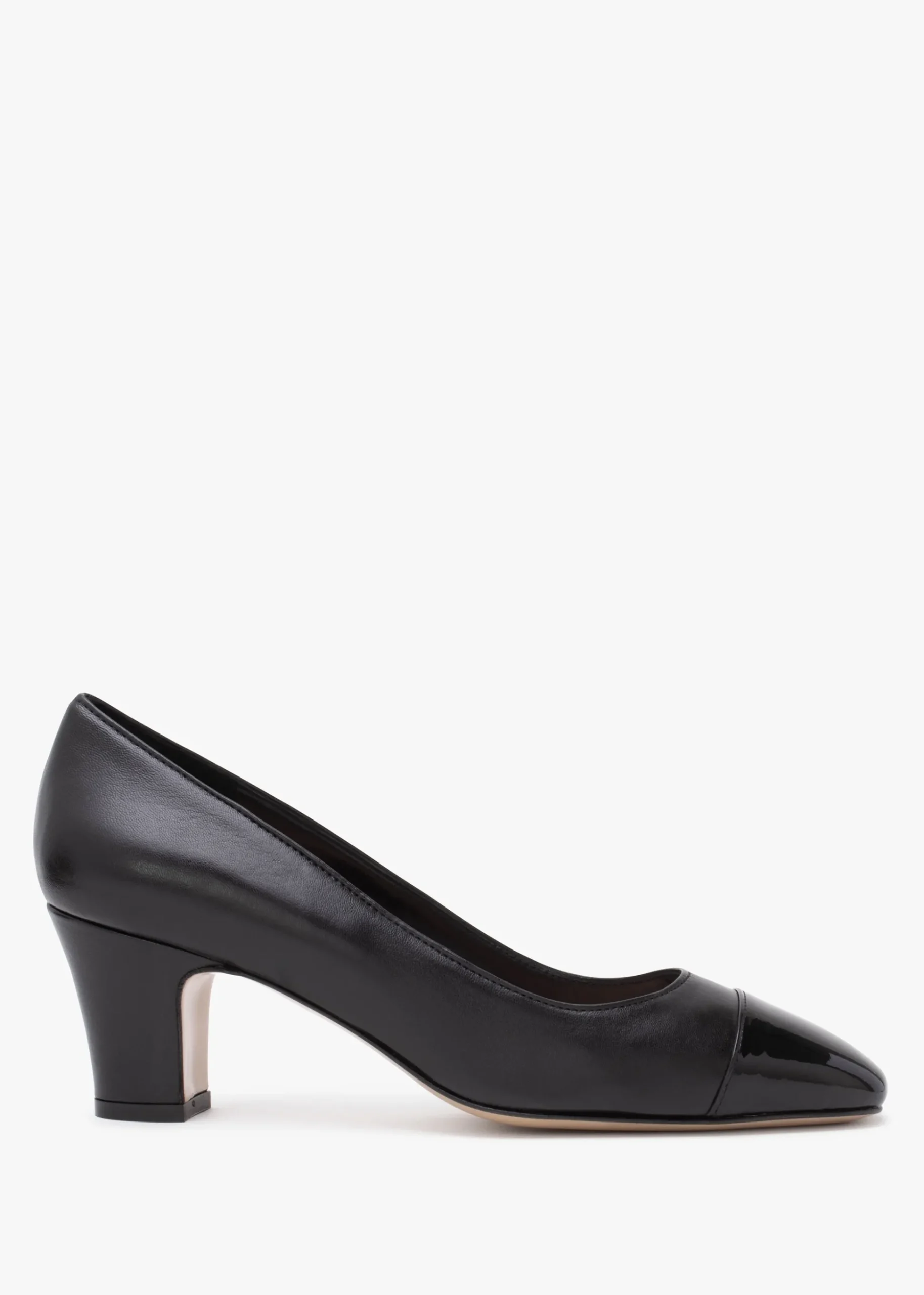 Akuna Black Leather Block Heel Court Shoes