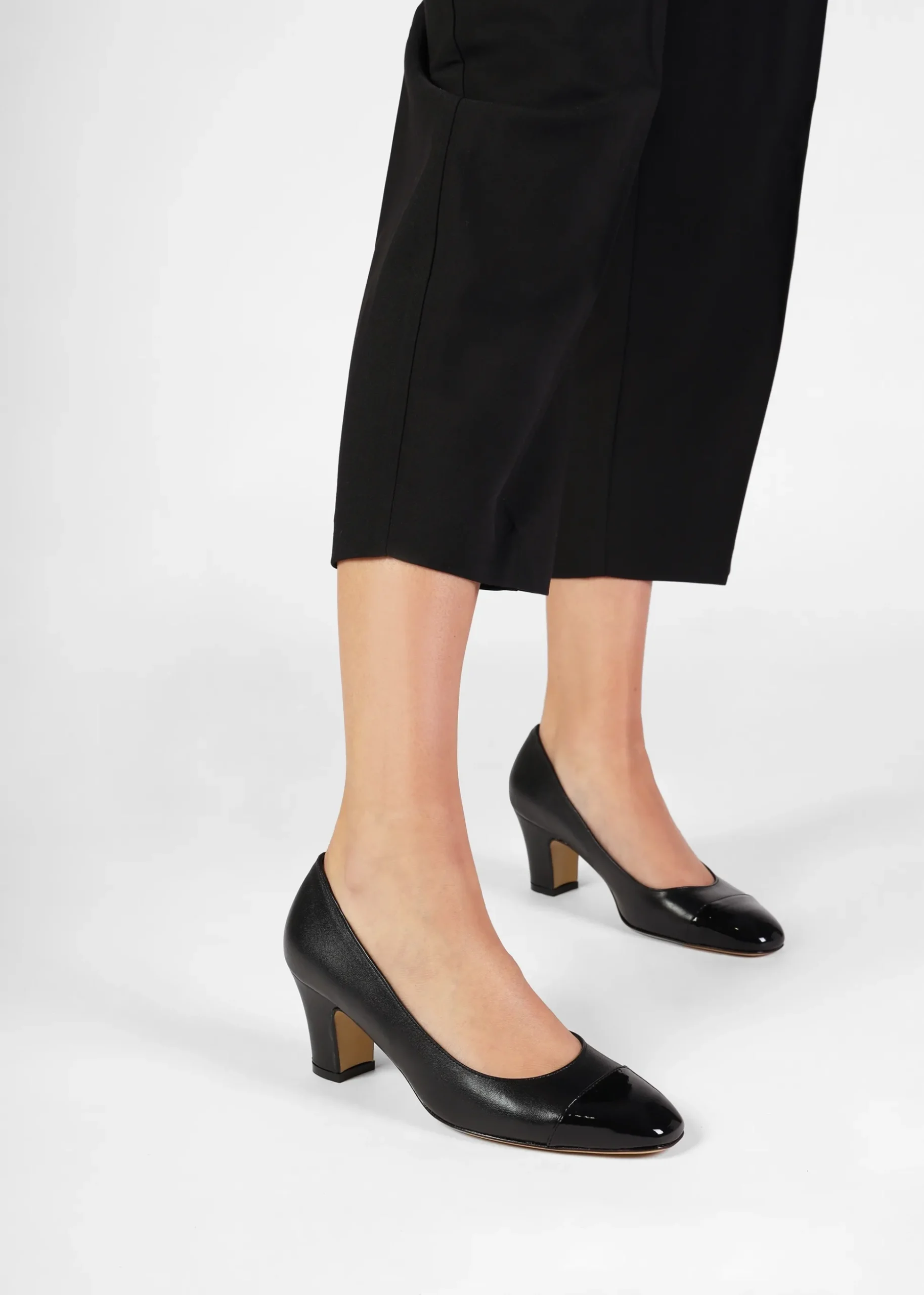 Akuna Black Leather Block Heel Court Shoes