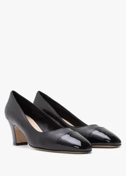 Akuna Black Leather Block Heel Court Shoes