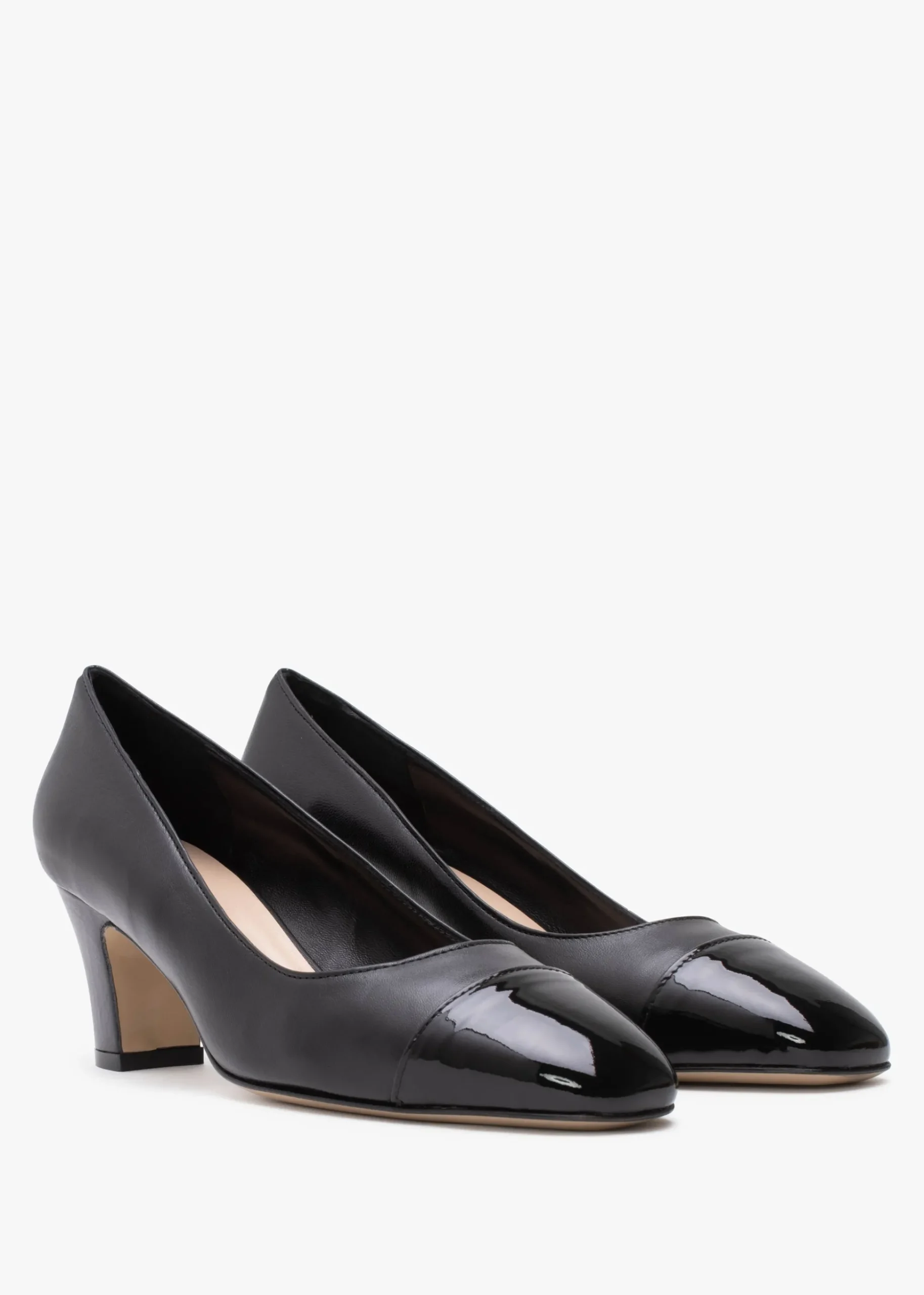 Akuna Black Leather Block Heel Court Shoes