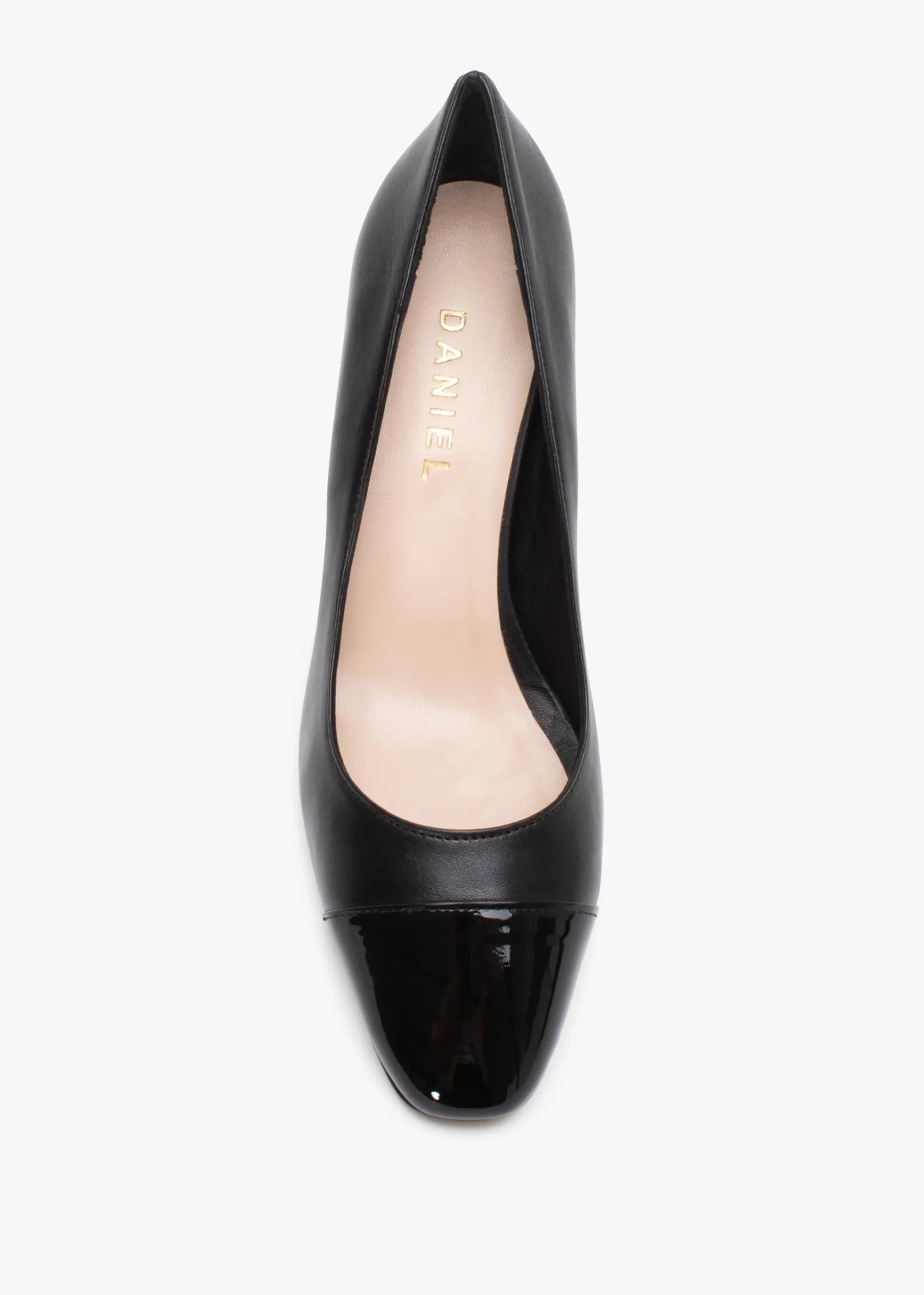 Akuna Black Leather Block Heel Court Shoes