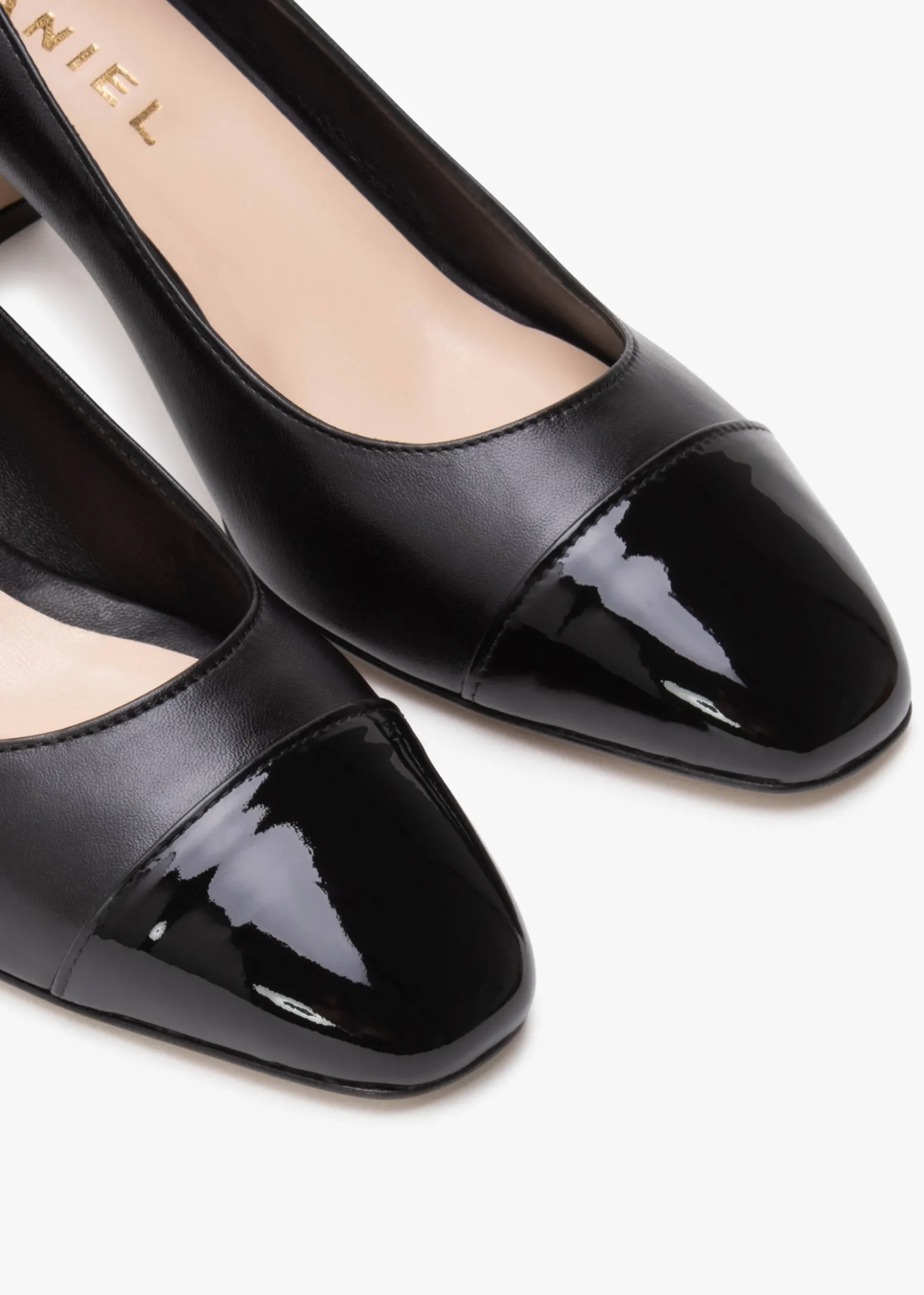Akuna Black Leather Block Heel Court Shoes