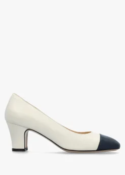 Akuna Cream Leather Block Heel Court Shoes