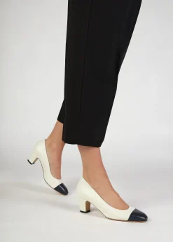 Akuna Cream Leather Block Heel Court Shoes
