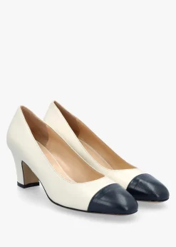 Akuna Cream Leather Block Heel Court Shoes