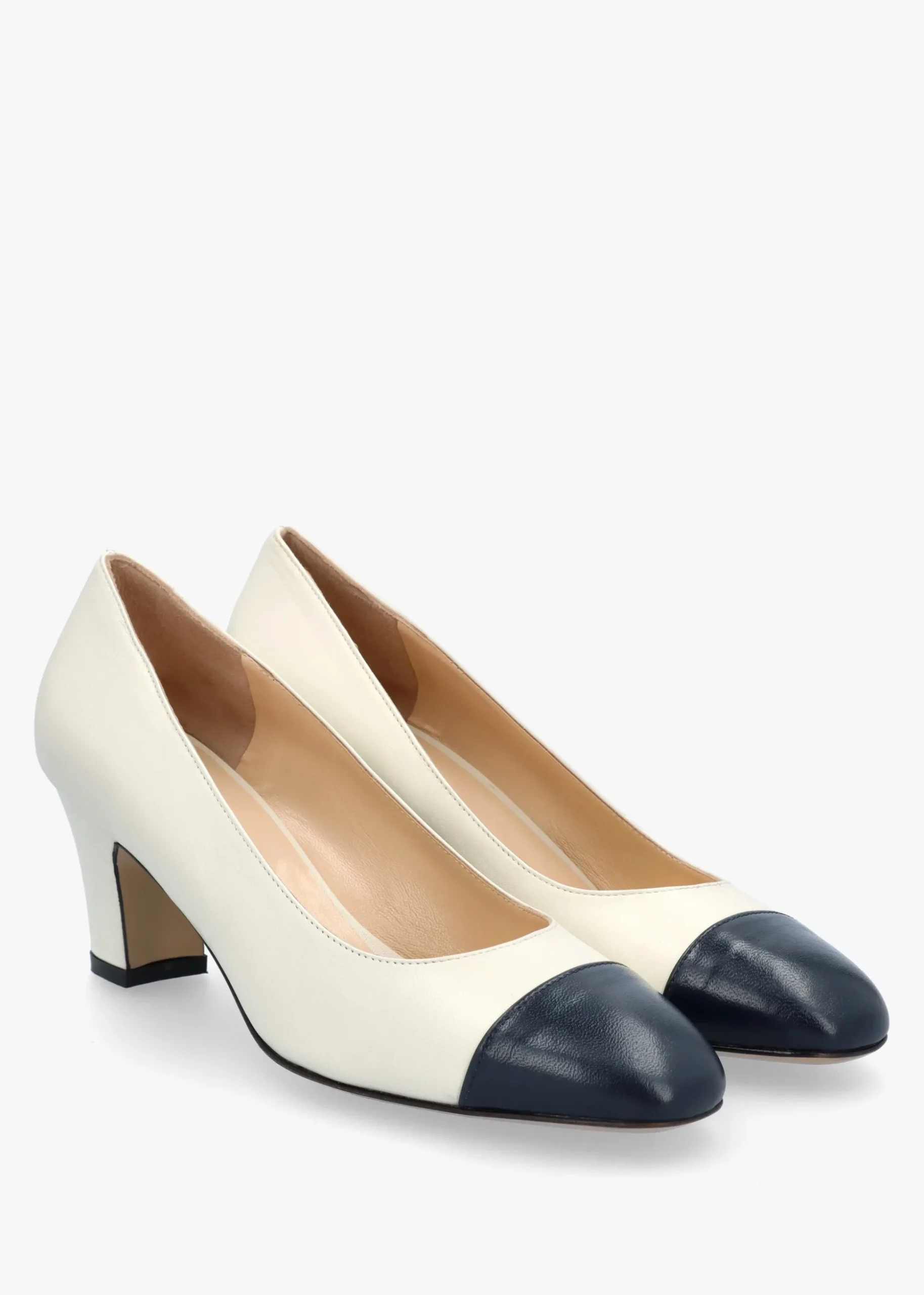 Akuna Cream Leather Block Heel Court Shoes