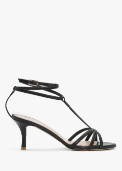 Alina Black Leather Strappy Kitten Heel Sandals