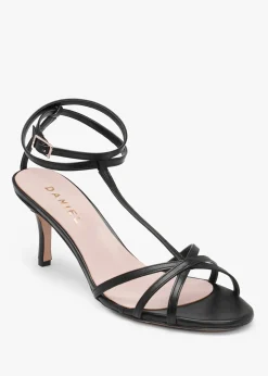 Alina Black Leather Strappy Kitten Heel Sandals