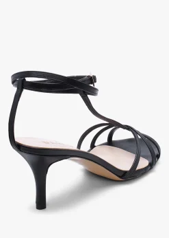 Alina Black Leather Strappy Kitten Heel Sandals