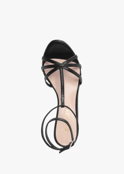 Alina Black Leather Strappy Kitten Heel Sandals