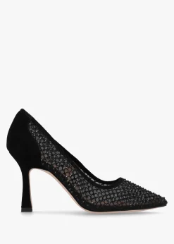 Alma Black Crystal Mesh Heeled Court Shoes