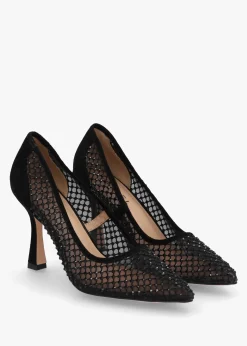 Alma Black Crystal Mesh Heeled Court Shoes