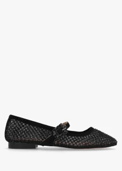 Alma Black Suede Crystal Mesh Mary Jane Pumps