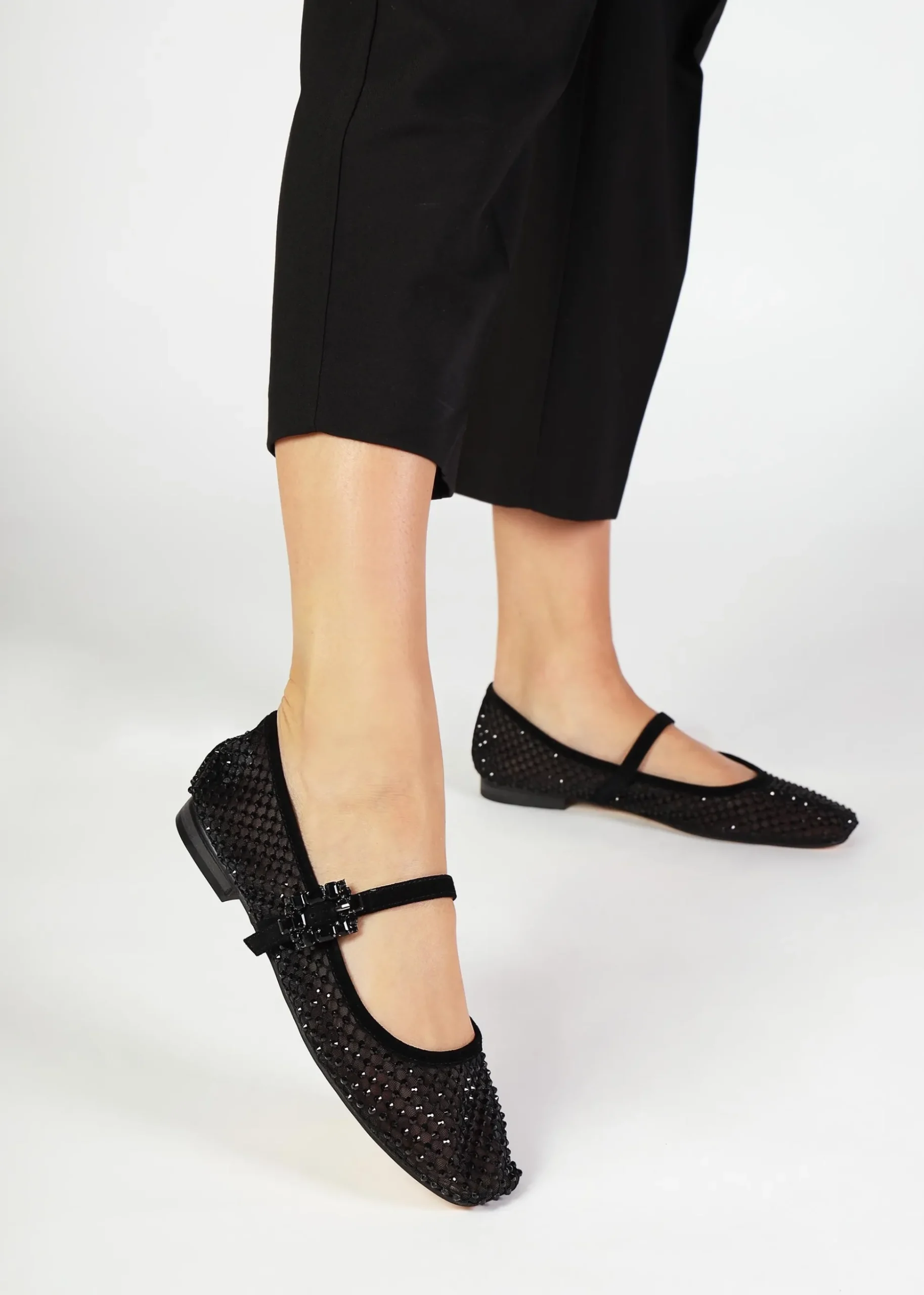 Alma Black Suede Crystal Mesh Mary Jane Pumps