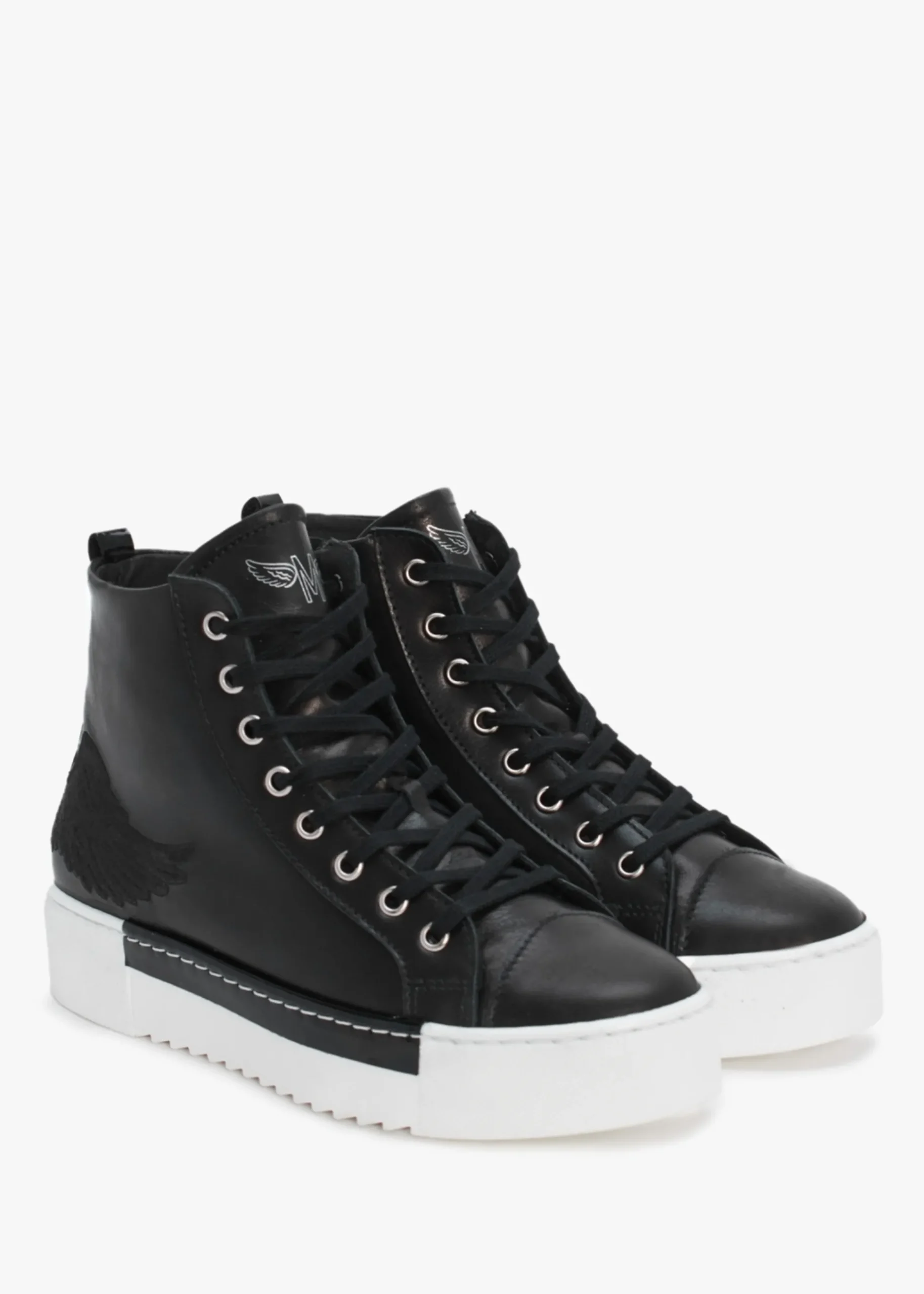 Angels Black Leather Black Wing High Top Trainers