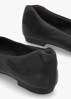 Angels Wings Black Leather Ballet Pumps