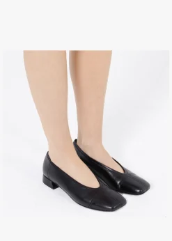 Angled Black Leather Square Toe Pumps