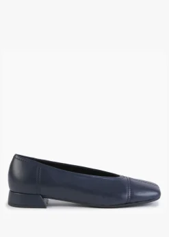 Angled Navy Leather Square Toe Pumps