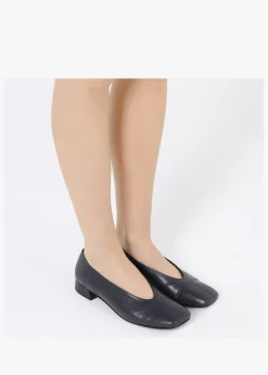 Angled Navy Leather Square Toe Pumps