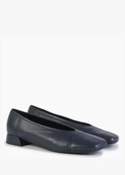 Angled Navy Leather Square Toe Pumps