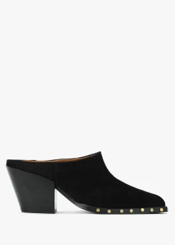Antwerp Black Suede Western Stacked Heel Backless Mules