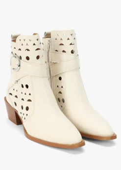 Apia Cream Leather Perforated Western Ankle Boots