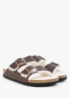 Arizona Shearling Habana Waxy Oiled Leather Two Bar Mules
