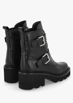 Arose Black Leather Double Buckle Ankle Boots