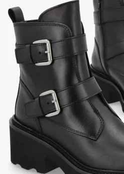 Arose Black Leather Double Buckle Ankle Boots