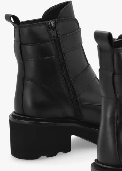 Arose Black Leather Double Buckle Ankle Boots