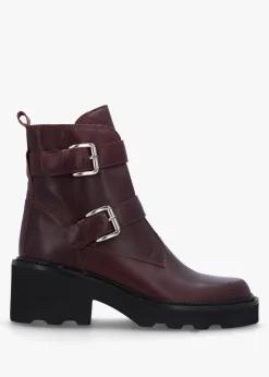 Arose Burgundy Leather Double Buckle Ankle Boots