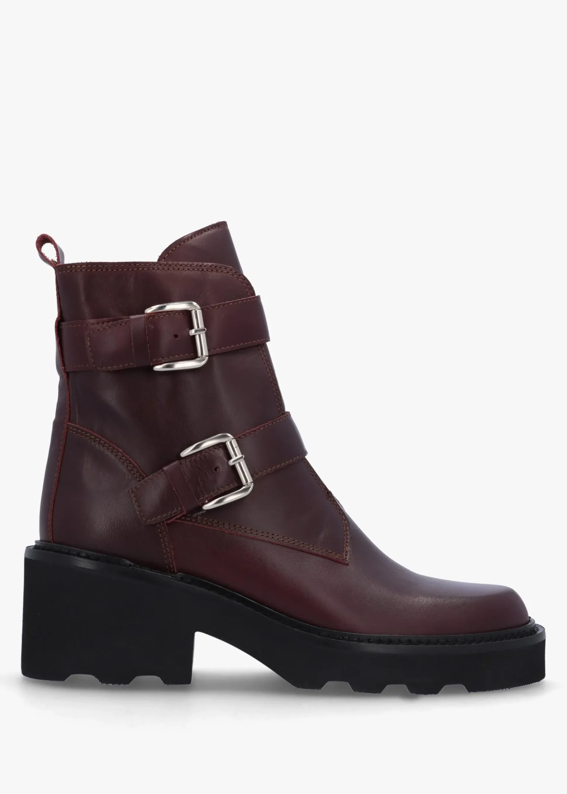 Arose Burgundy Leather Double Buckle Ankle Boots
