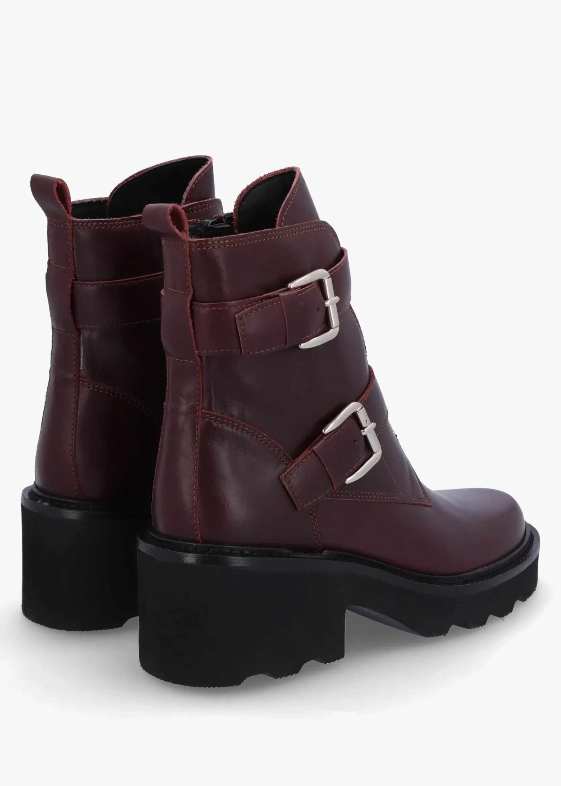 Arose Burgundy Leather Double Buckle Ankle Boots