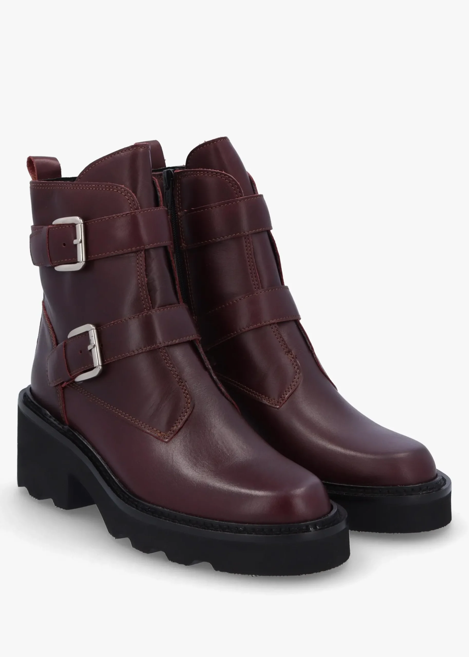 Arose Burgundy Leather Double Buckle Ankle Boots