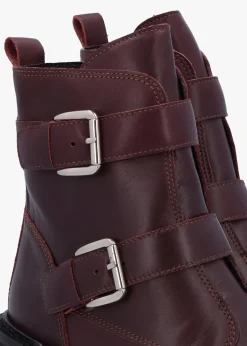 Arose Burgundy Leather Double Buckle Ankle Boots