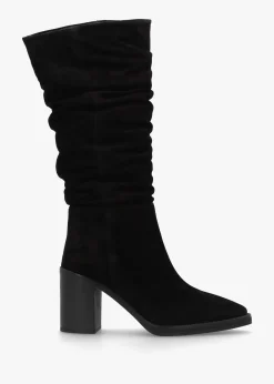 Astrid Black Suede Rouched Block Heel Knee Boots