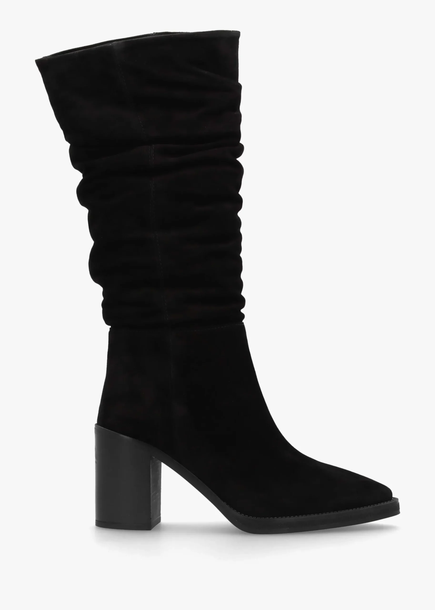 Astrid Black Suede Rouched Block Heel Knee Boots