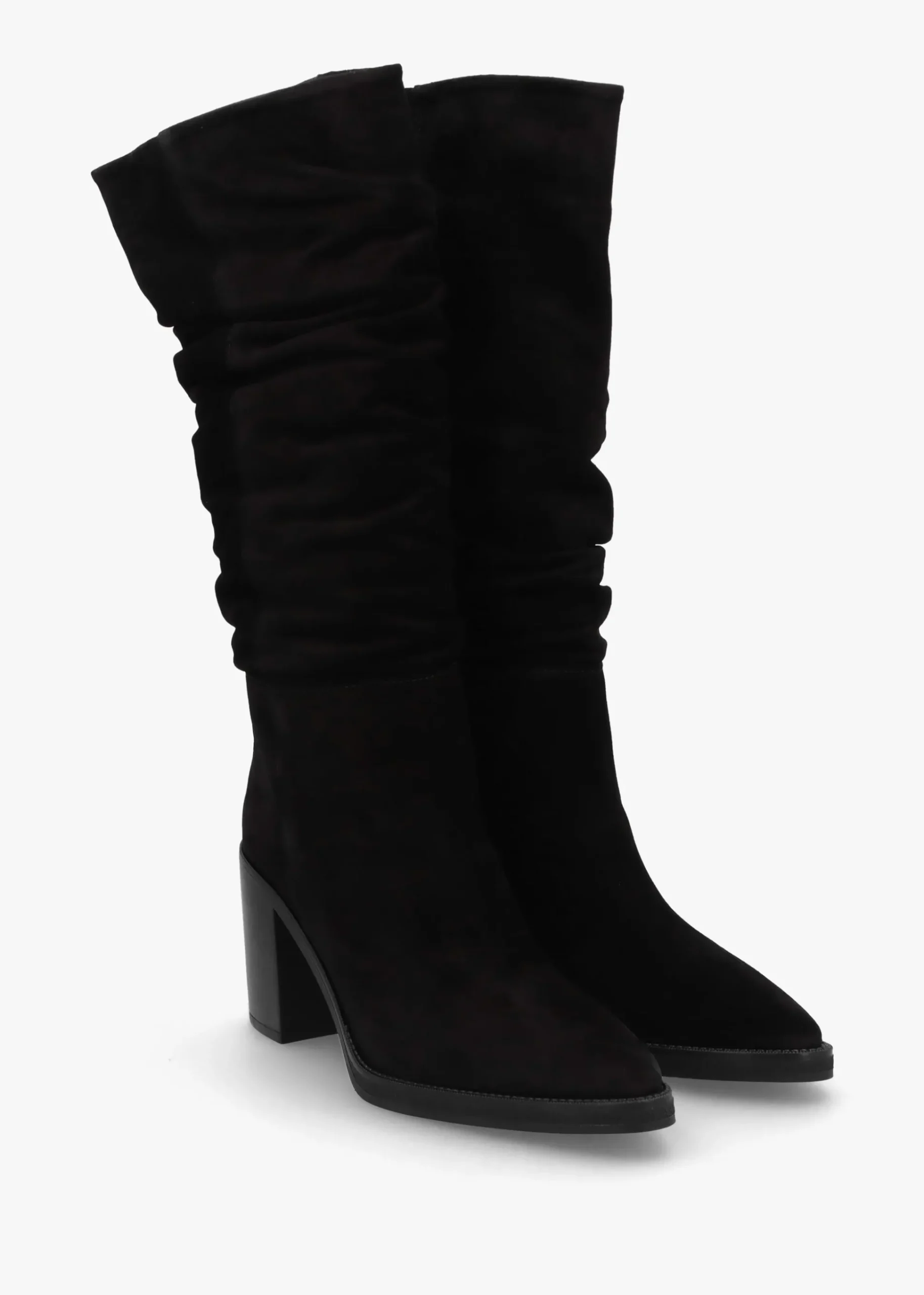 Astrid Black Suede Rouched Block Heel Knee Boots