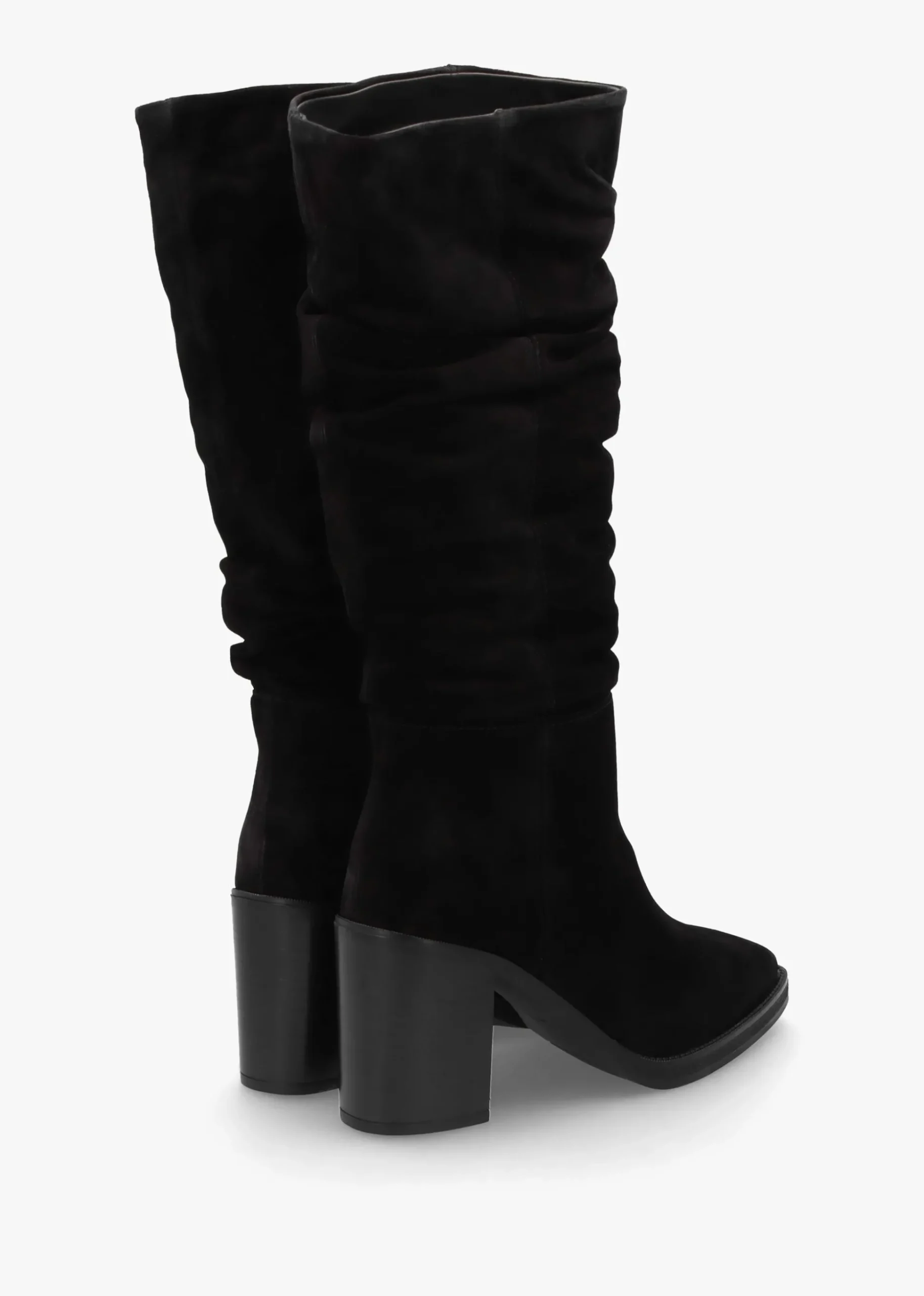 Astrid Black Suede Rouched Block Heel Knee Boots